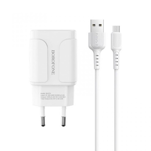 Charger USB Adapter Borofone BA37A 2.1A + Lightning Cable (White)